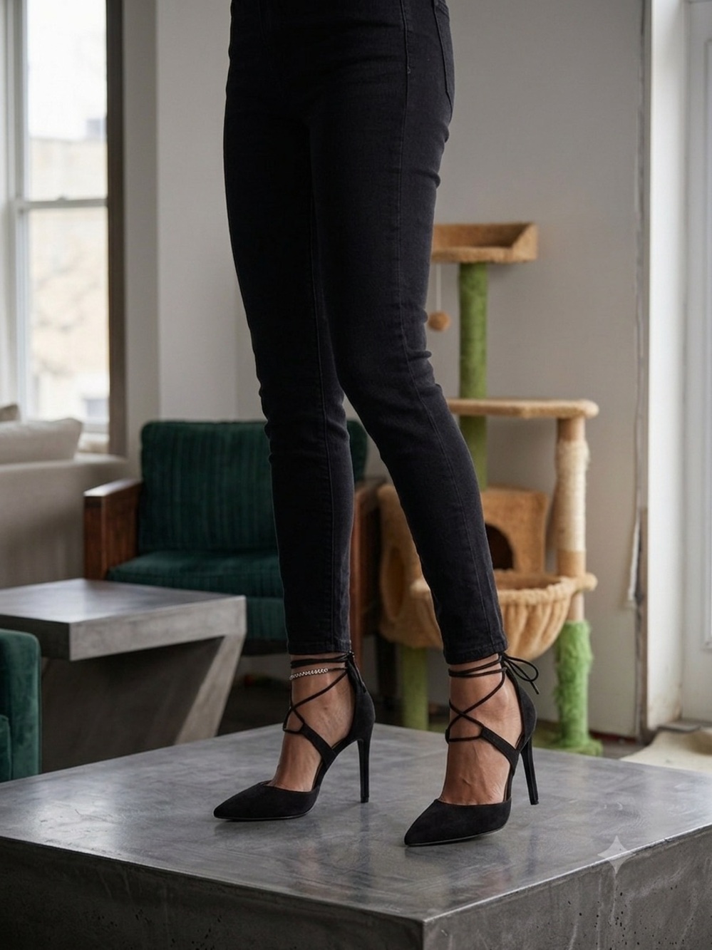 Revamped Black Suede Lace-Up Stiletto Heels